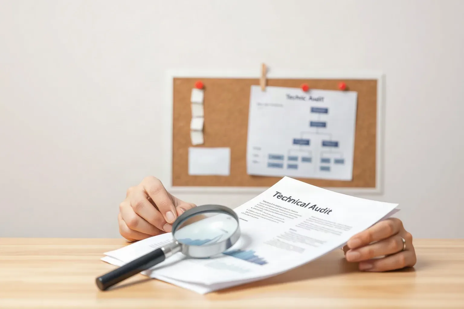 A person holds a magnifying glass over a document titled 'Technical Audit' on a wooden desk, with a corkboard displaying a flowchart and pinned notes in the background