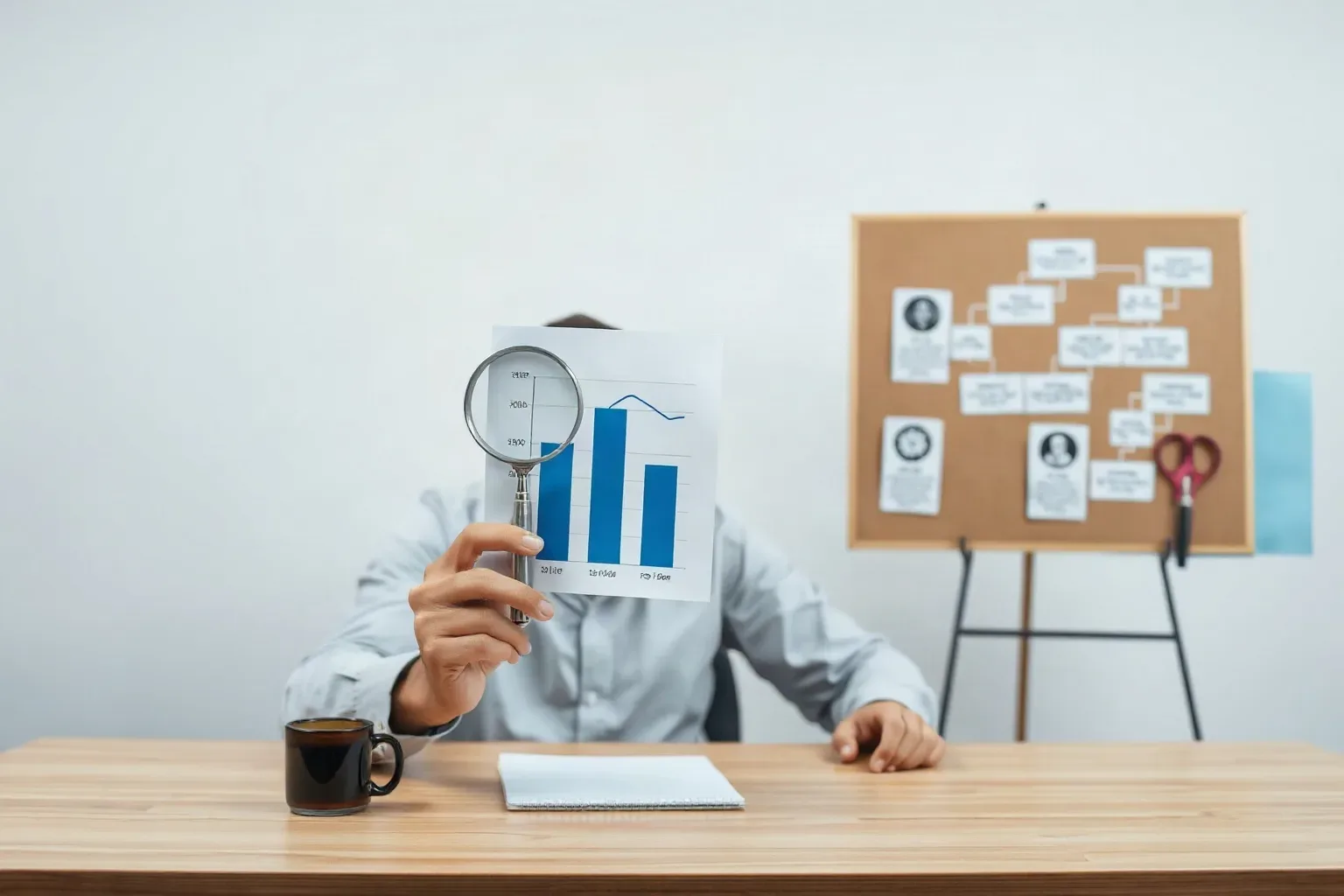 A marketing professional at a desk pressing a magnifying glass onto a printed bar chart that shows page-load performance scores segmented by metric type while a structured flowchart diagram on the nearby corkboard maps the optimisation sequence
