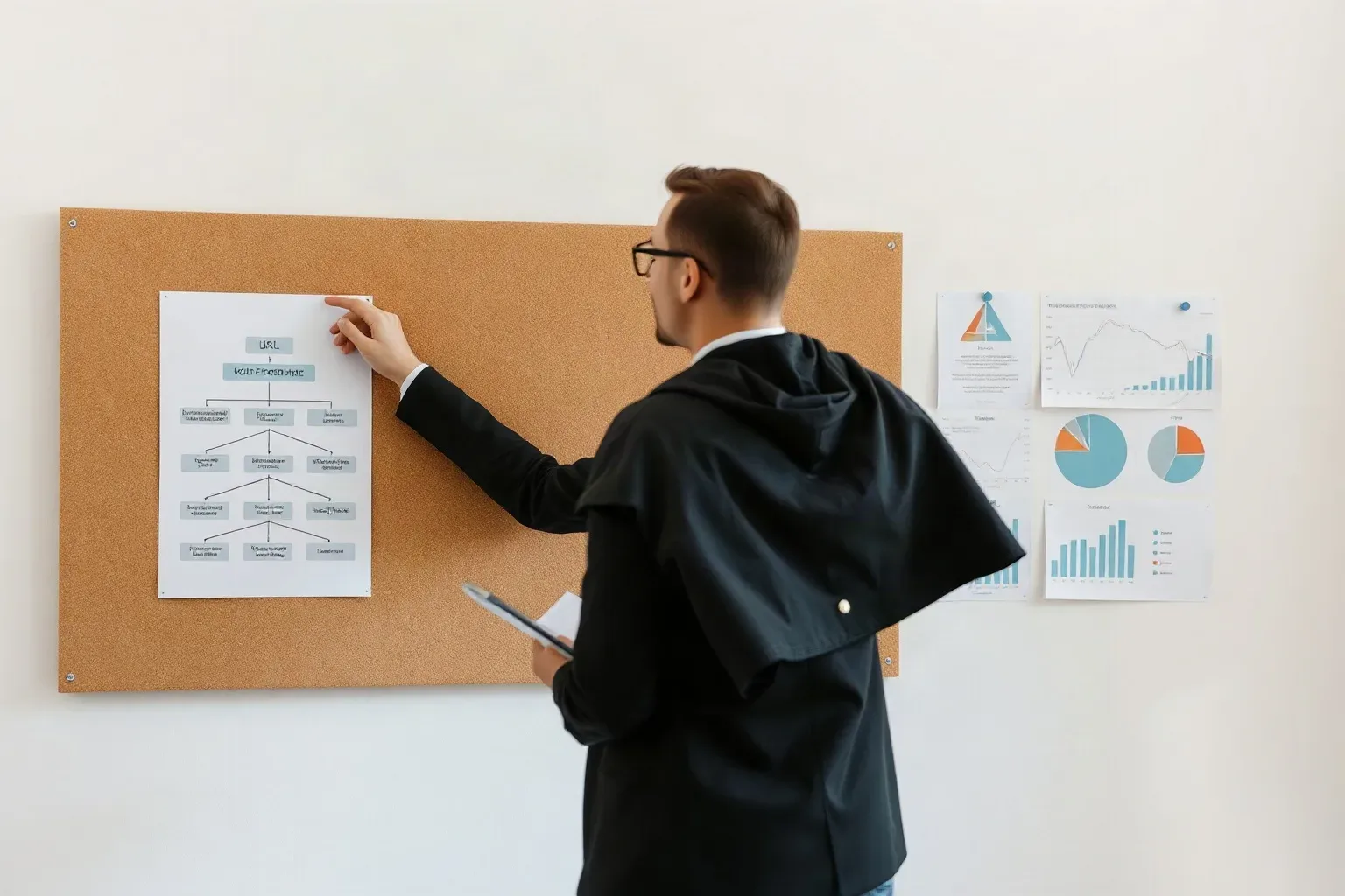 A person wearing glasses and a dark jacket points at a flowchart pinned to a corkboard displaying charts and diagrams
