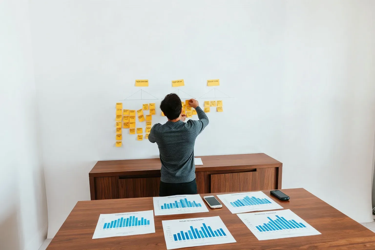 A person arranges yellow sticky notes in a hierarchical diagram on a white wall above a wooden credenza, with printed bar chart reports spread across a table in the foreground