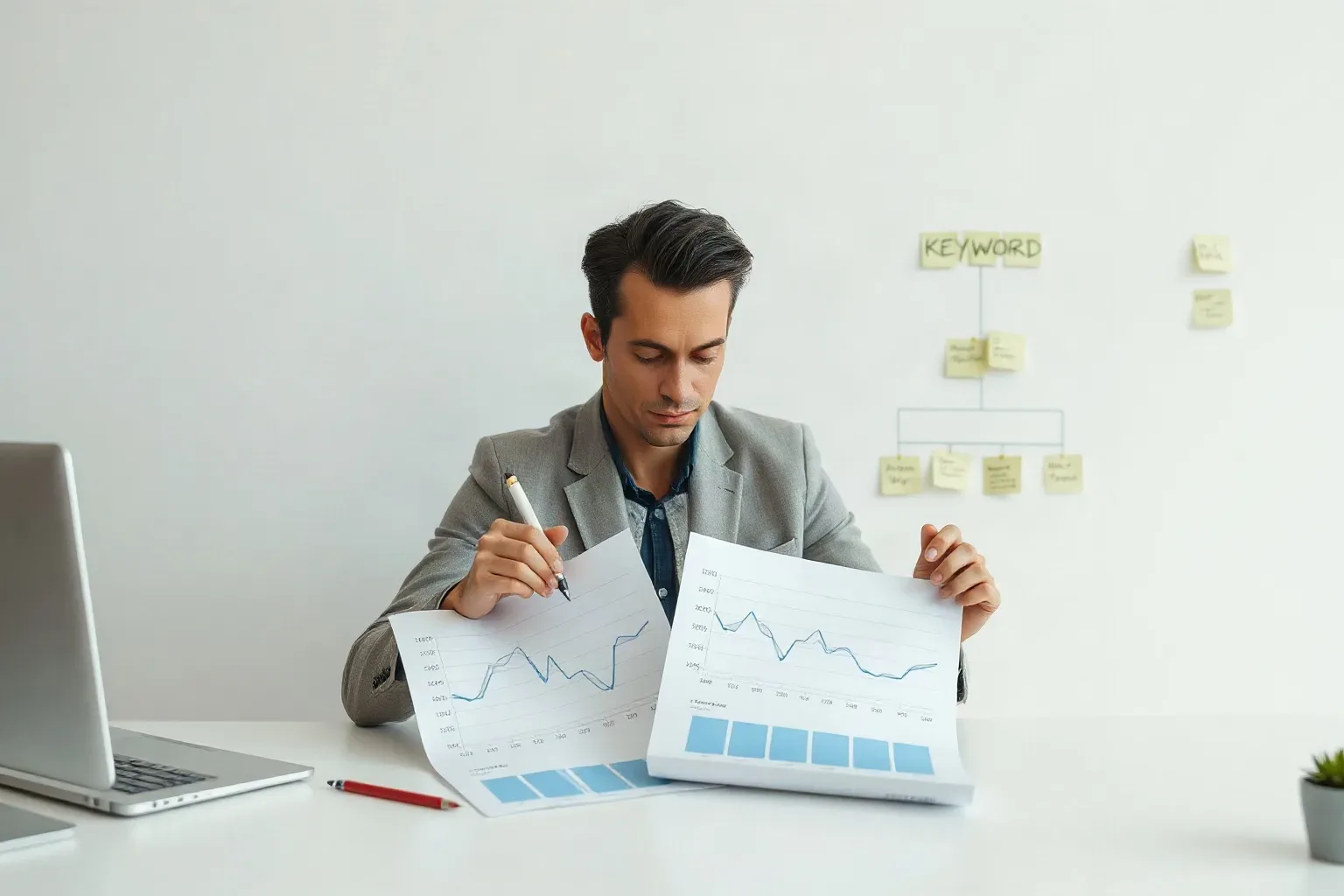 A marketing professional seated at a desk comparing two printed line charts side by side and circling matching impression trends with a pen while a sticky-note keyword cluster hierarchy on the wall shows language-targeted content groupings